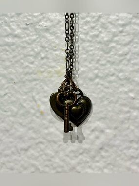 Vintage Copper Heart & Key Charm Necklace